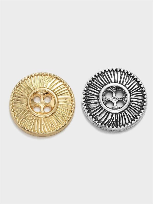 Round, four-hole metal buttons, ideal for coats, garment sewing, and decorative crafts